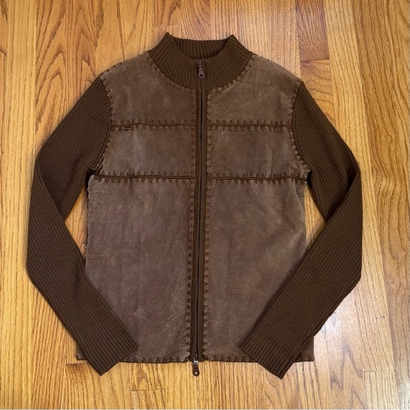 Vintage Wool Blend Suede Leather Patchwork Zip Cardigan Jacket Sweater Boho 70s - Picture 11 of 16